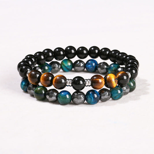 Buddha Stones 2pcs Hematite Tiger Eye Blue Tiger Eye Powerful Bracelet Set