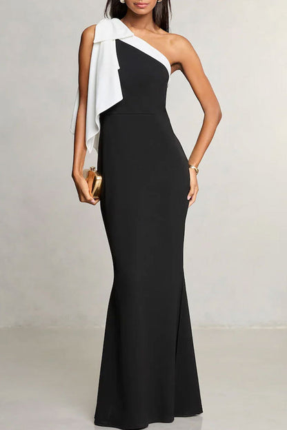 Patchwork Contrast Oblique Collar Long Dresses