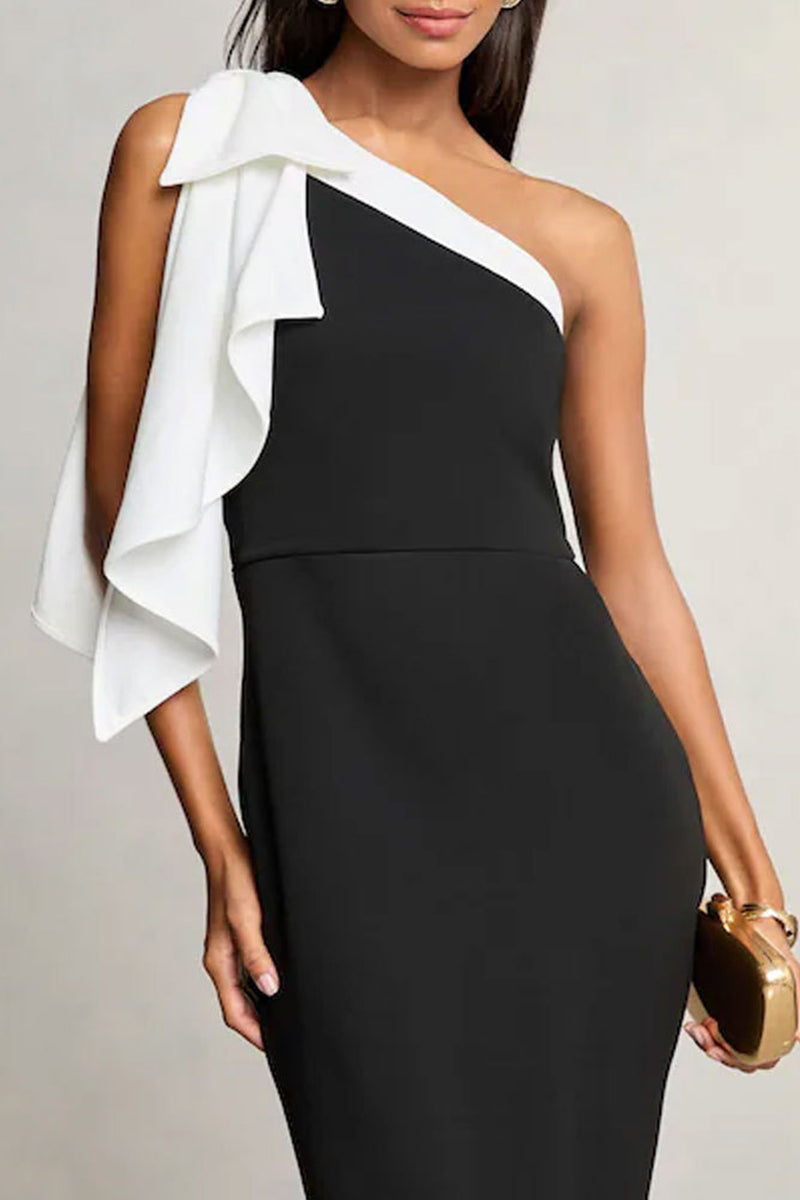 Patchwork Contrast Oblique Collar Long Dresses