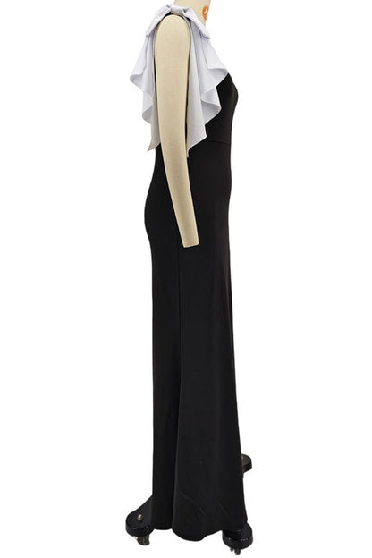 Patchwork Contrast Oblique Collar Long Dresses