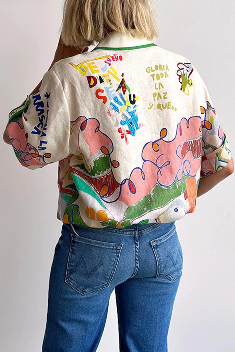 Cartoon Print Buttons Contrast Turndown Collar Blouses