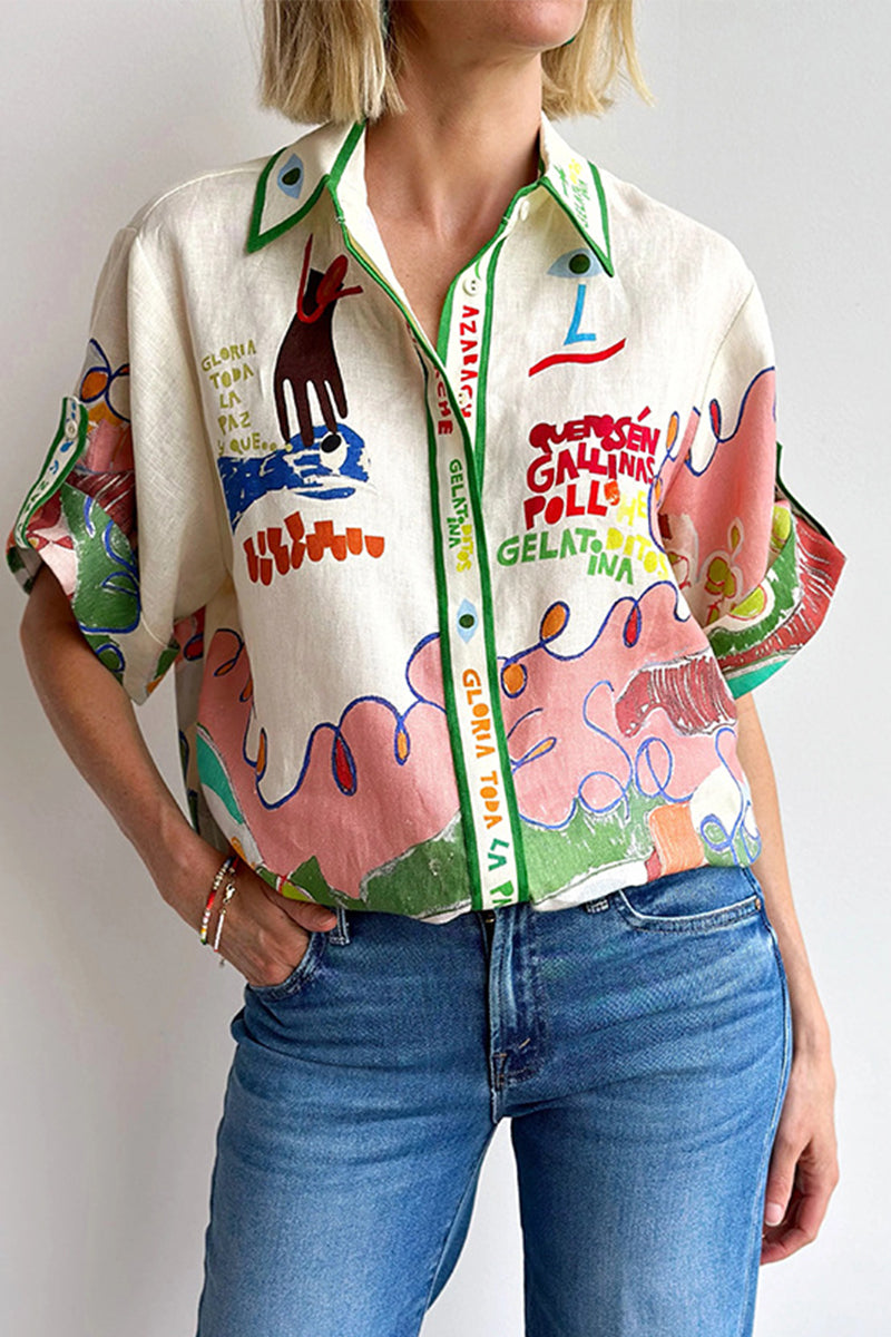Cartoon Print Buttons Contrast Turndown Collar Blouses