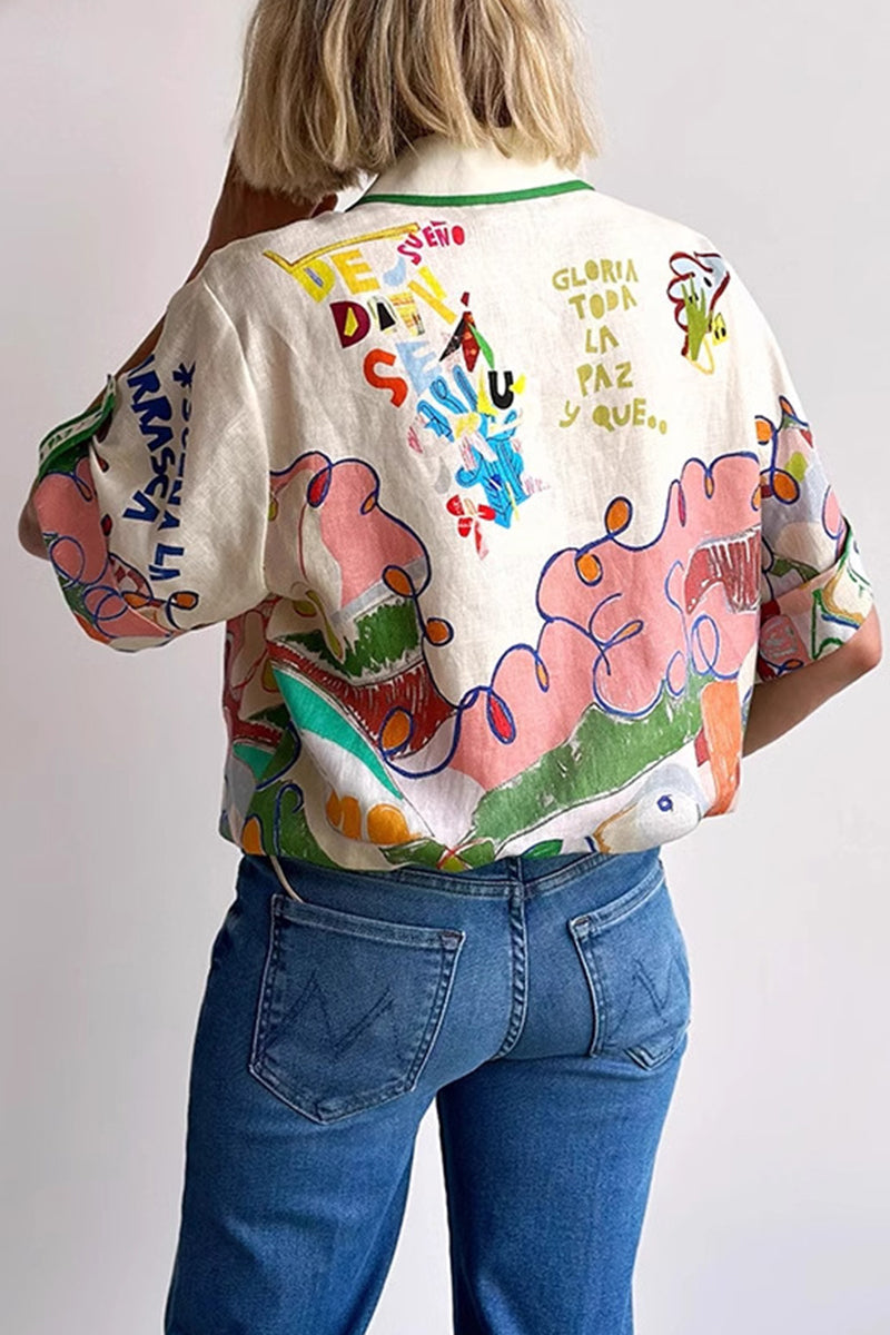 Cartoon Print Buttons Contrast Turndown Collar Blouses