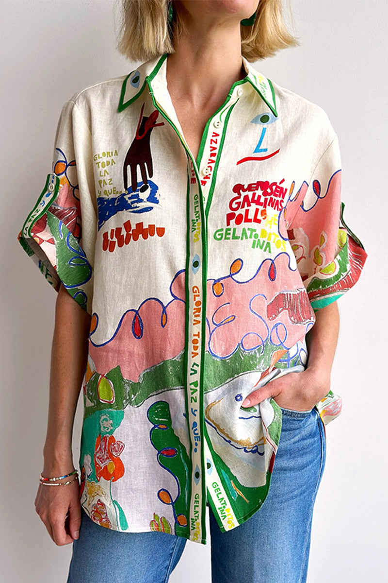 Cartoon Print Buttons Contrast Turndown Collar Blouses