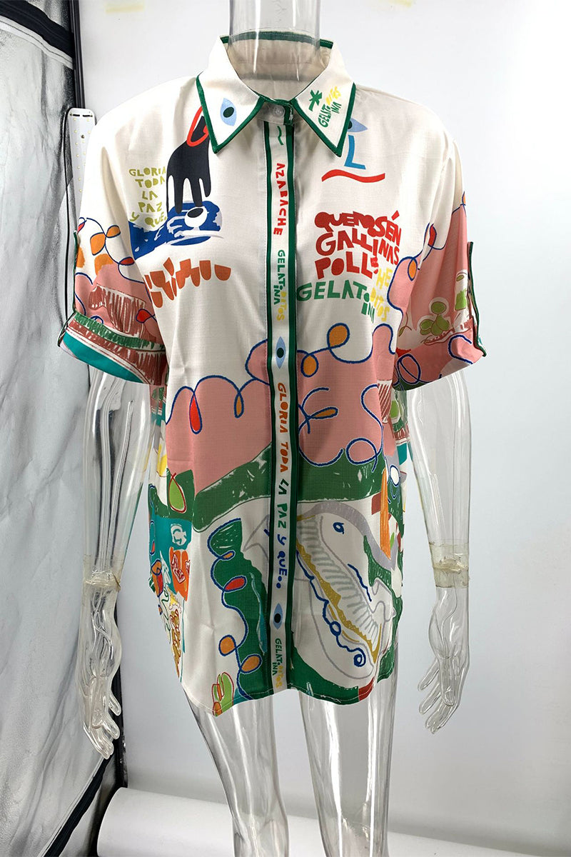Cartoon Print Buttons Contrast Turndown Collar Blouses