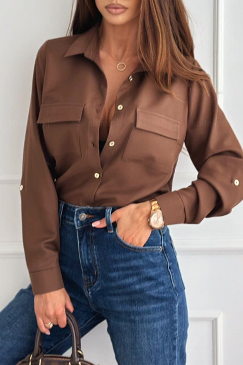 Daily Buttons Turndown Collar Blouses(4 Colors)
