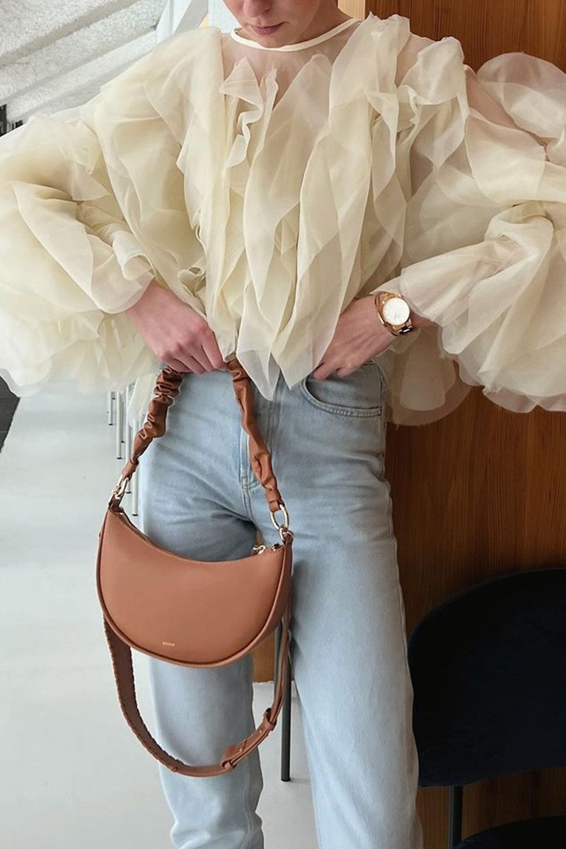 Irregular Stringy Selvedge Flower Shape O Neck Blouses