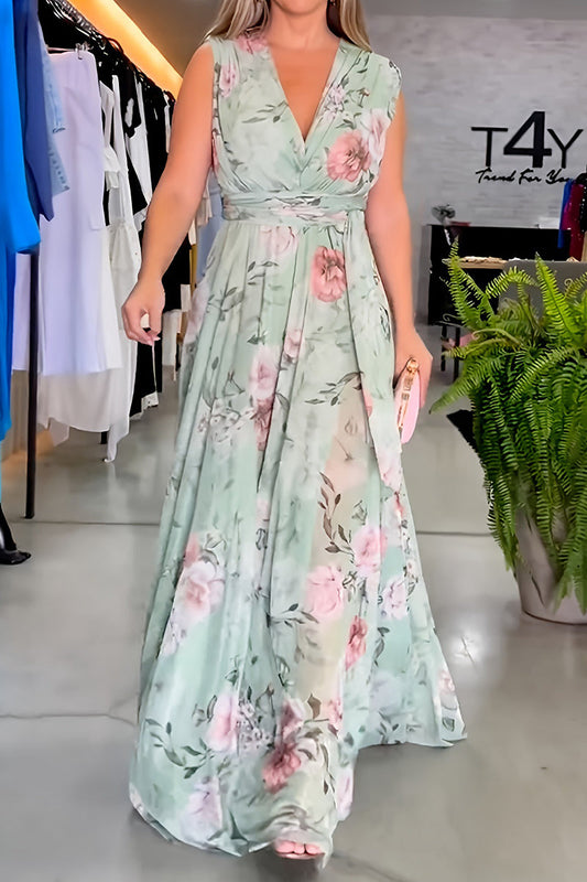 Print Lace Up V Neck Long Dresses(3 Colors)