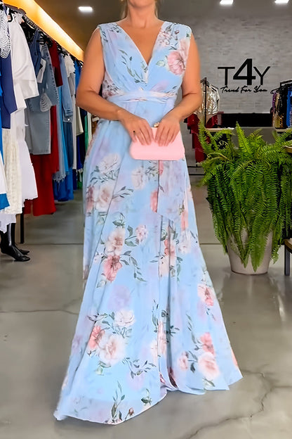 Print Lace Up V Neck Long Dresses(3 Colors)