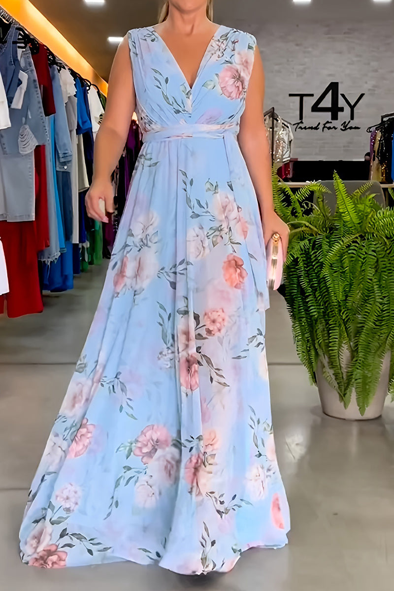 Print Lace Up V Neck Long Dresses(3 Colors)