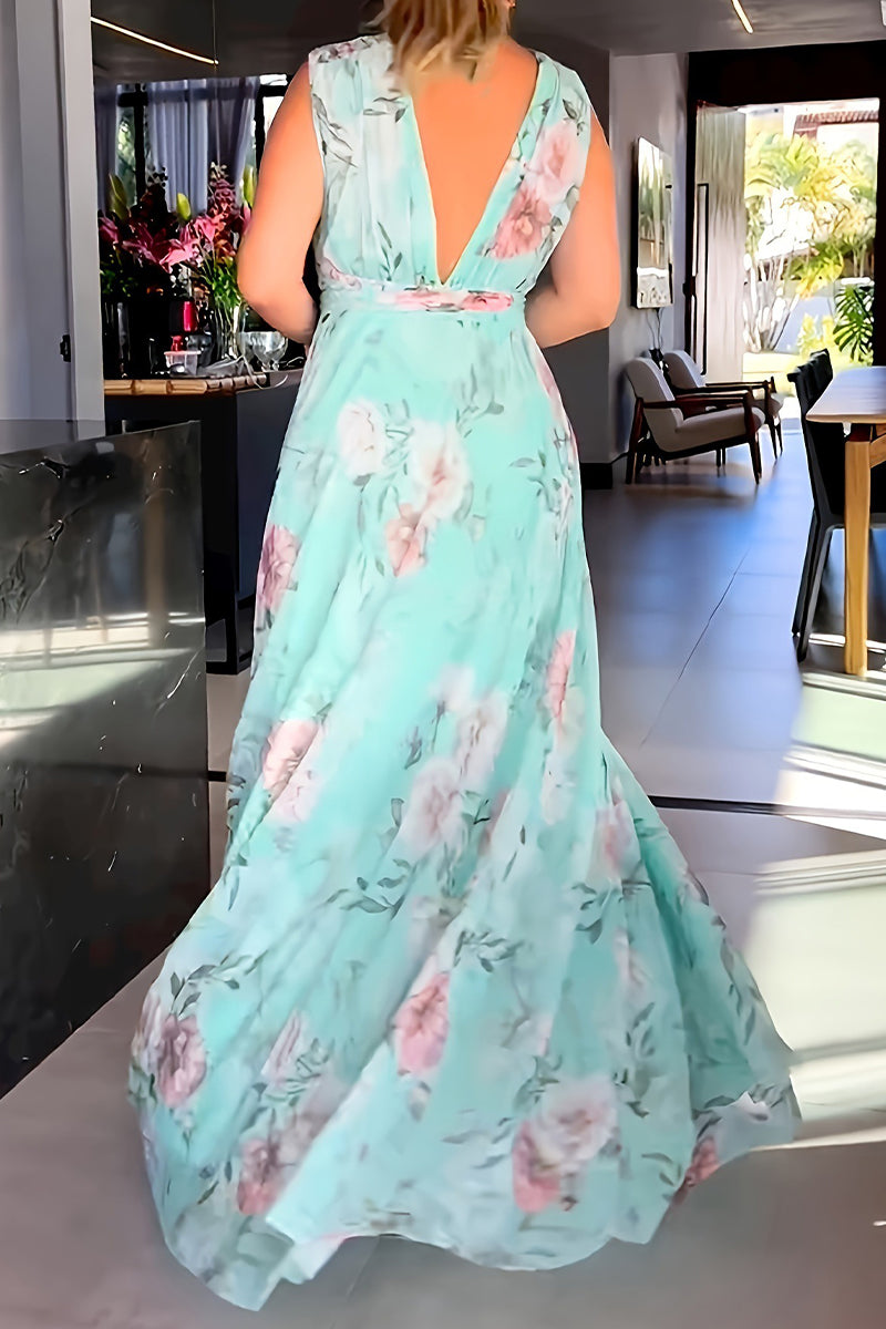 Print Lace Up V Neck Long Dresses(3 Colors)