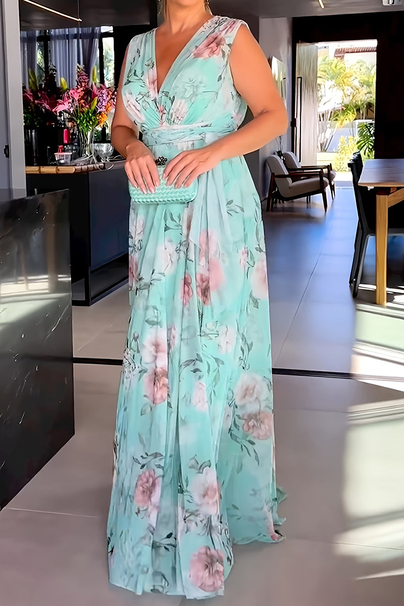 Print Lace Up V Neck Long Dresses(3 Colors)