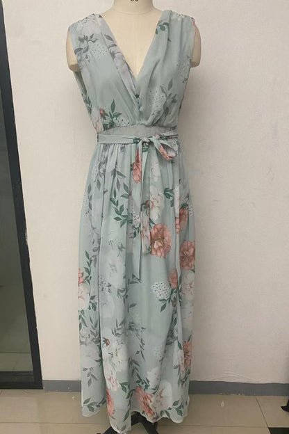 Print Lace Up V Neck Long Dresses(3 Colors)