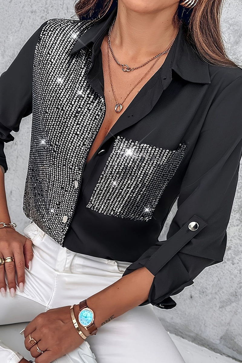 Sequins Pocket Contrast Turndown Collar Blouses