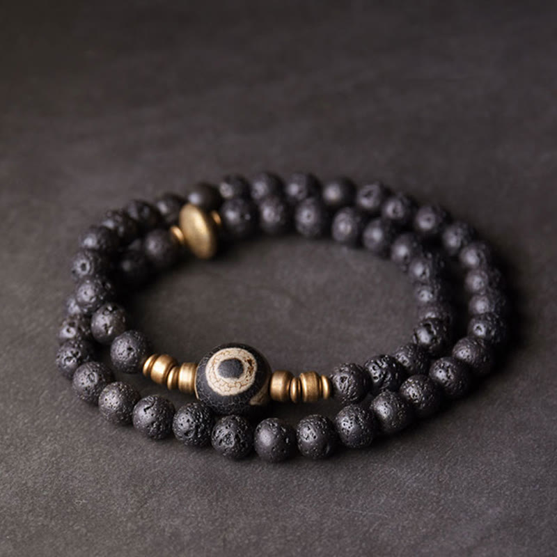 Buddha Stones Lava Rock Three-eyed Dzi Bead Copper Brass Beads Double Wrap Healing Bracelet