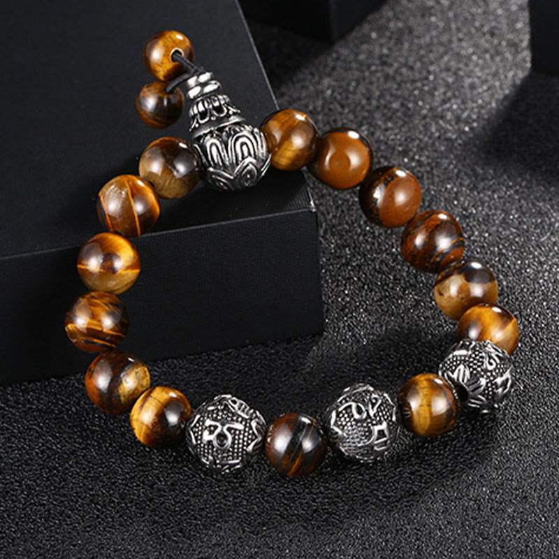 Buddha Stones Natural Tiger Eye Lava Rock Black Obsidian Titanium Steel Six-true-words Om Mani Padme Hum Protection Bracelet