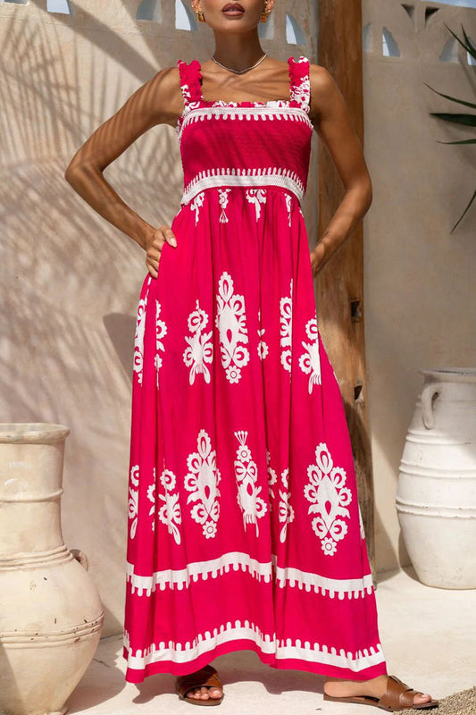 Vacation Geometric Print Pocket Stringy Selvedge Square Neck Long Dresses(3 Colors)