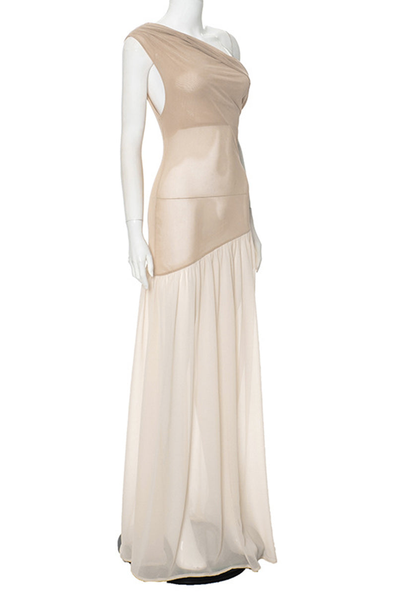 Patchwork See-through Irregular Oblique Collar Long Dresses