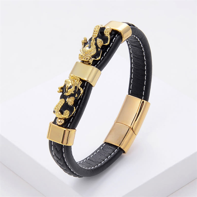 Buddha Stones Double Pixiu Wealth Luck Leather Magnetic Buckle Bracelet