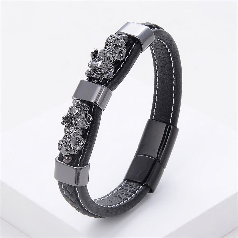 Buddha Stones Double Pixiu Wealth Luck Leather Magnetic Buckle Bracelet