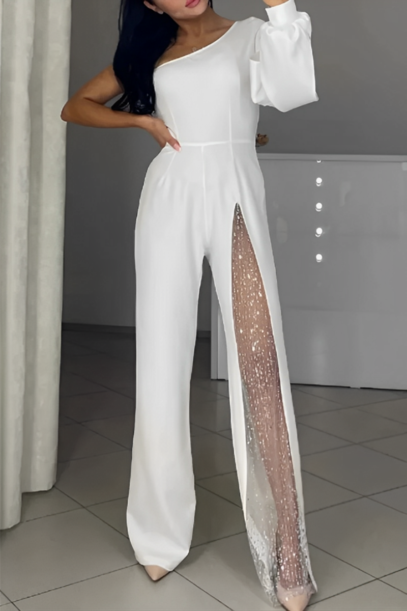 See-through Mesh Sloping Shoulder Regular Jumpsuits