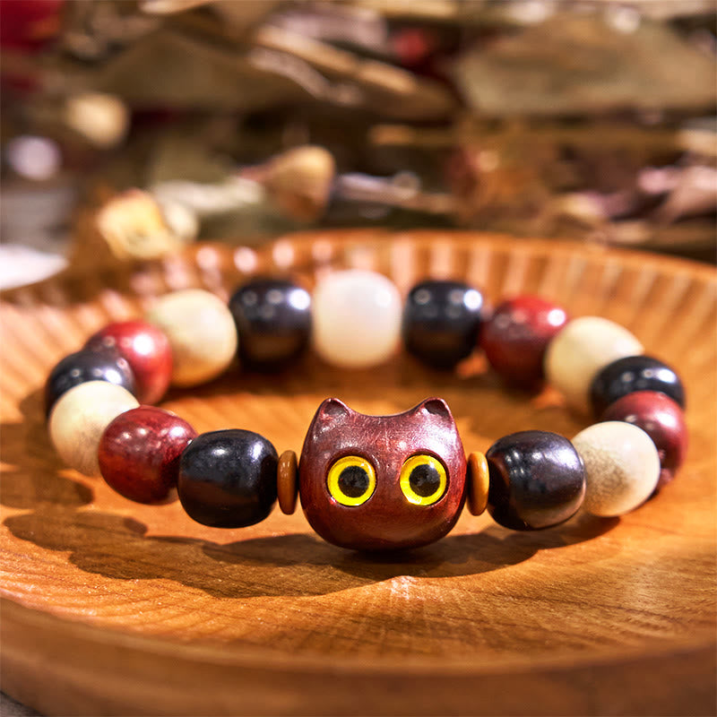 Buddha Stones Small Leaf Red Sandalwood Ebony Wood Cat Engraved Protection Bracelet