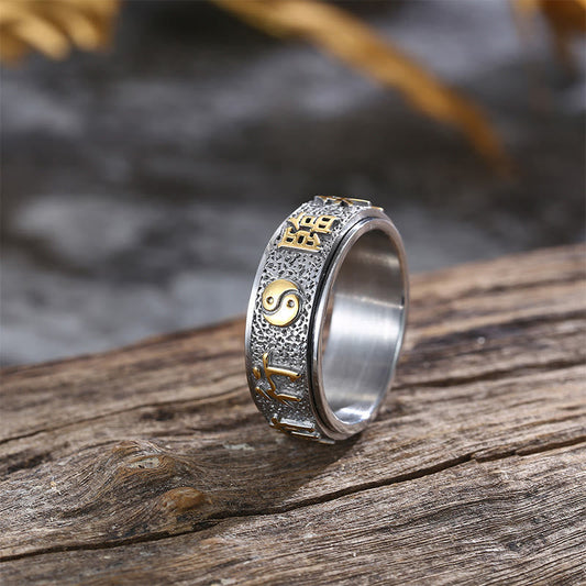 Buddha Stones Tibetan the Nine-word Mantra Yin Yang Pattern Titanium Steel Spinner Balance Ring