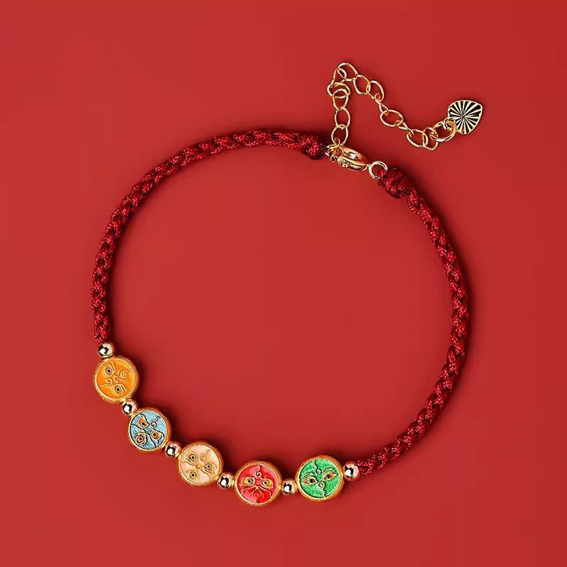 Buddha Stones Red String 925 Sterling Silver Five Ways God of Wealth Connection Bracelet