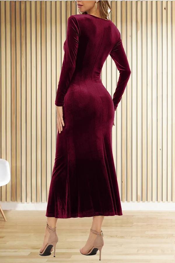 Velvet Long Sleeve V Neck Slim Fit Fishtail Maxi Dress