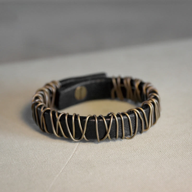 Buddha Stones Leather Copper Brass Wire Wrap Balance Bracelet