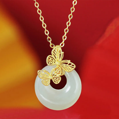 Buddha Stones 925 Sterling Silver Natural Hetian Jade Butterfly Prosperity Necklace Pendant