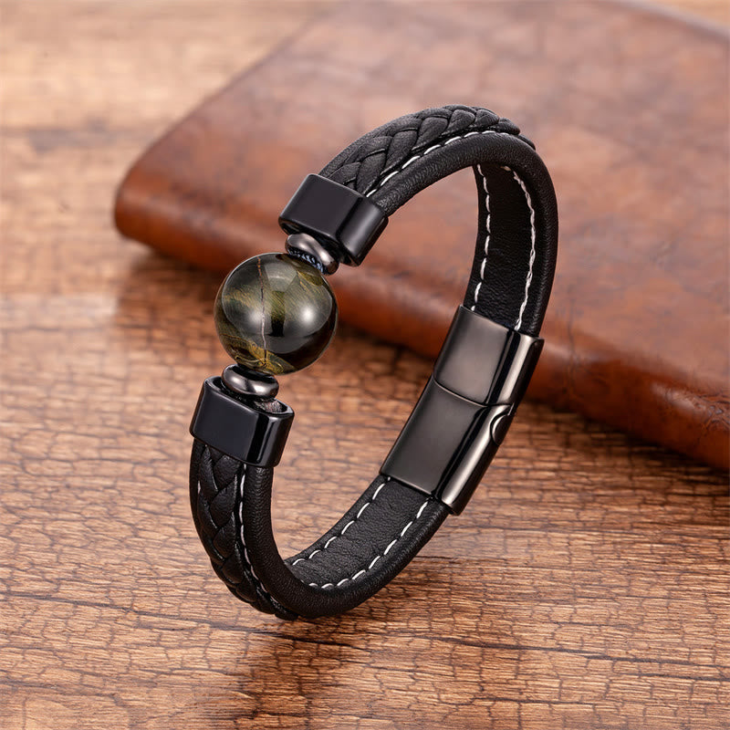 Buddha Stones Lazurite Lapis Lazuli Black Onyx Tiger Eye Lava Rock Om Mani Padme Hum Serenity Leather Bracelet