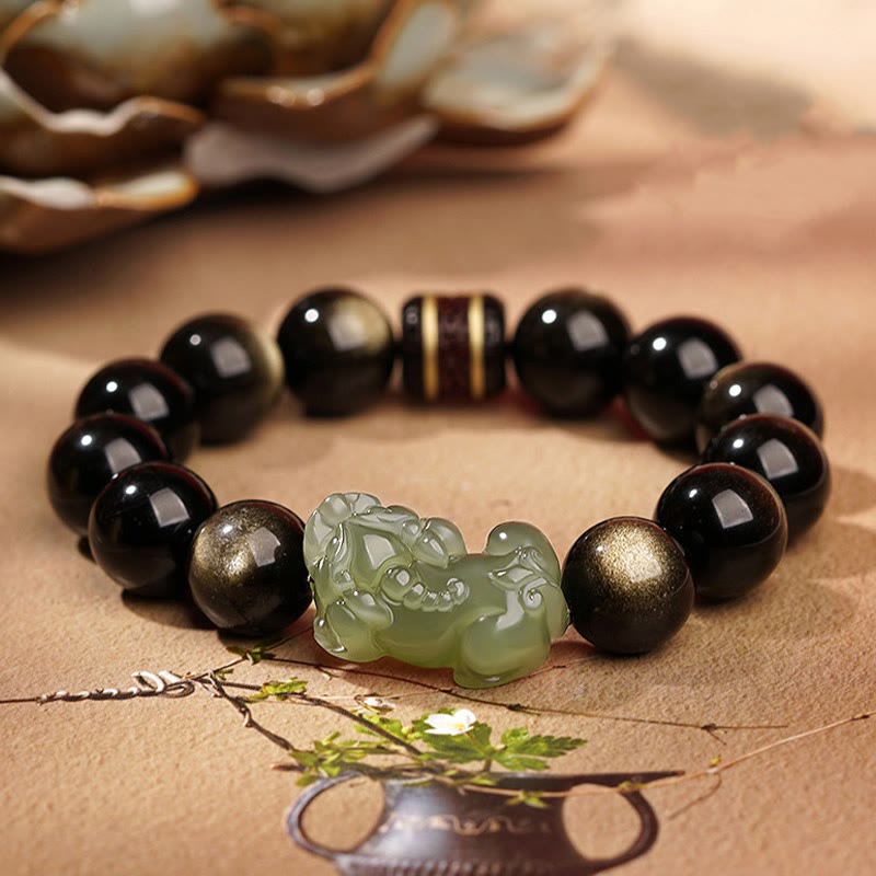 Buddha Stones Natural Gold Sheen Obsidian Hetian Cyan Jade White Jade Pixiu Wealth Bracelet
