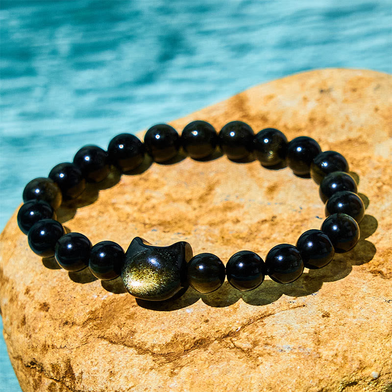 Buddha Stones Gold Sheen Obsidian Silver Sheen Obsidian Paw Lucky Cat Protection Bracelet