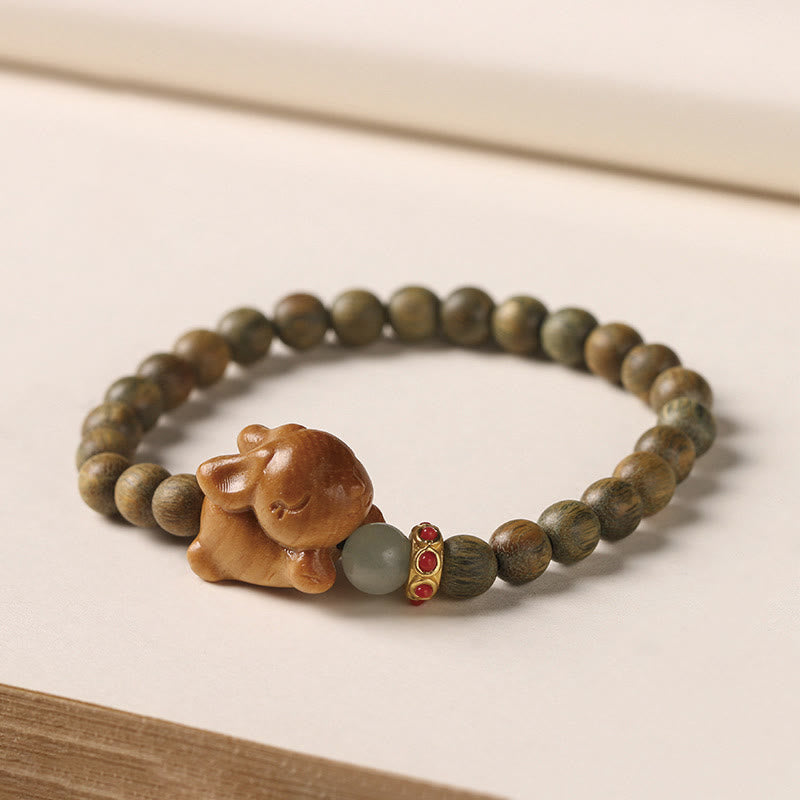 Buddha Stones Green Sandalwood Gold Sandalwood Rabbit Positive Bracelet