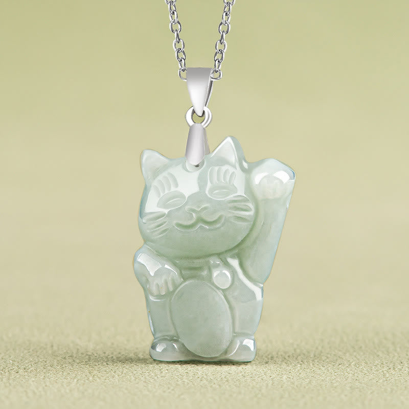 Buddha Stones Jade Fortune Cat Prosperity Titanium Steel Necklace Pendant