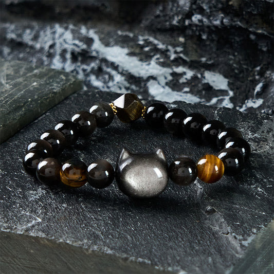 Buddha Stones Natural Silver Sheen Obsidian Beads Cat Soothing Bracelet