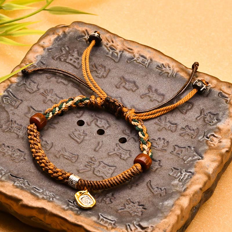 Buddha Stones Handmade Tibetan Zakiram Goddess of Wealth Wood Protection Braided Bracelet