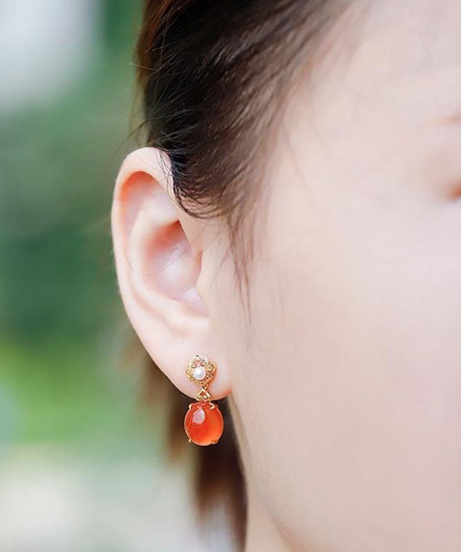 Simple Red 18k Gold Inlaid Jade Agate Drop Earrings