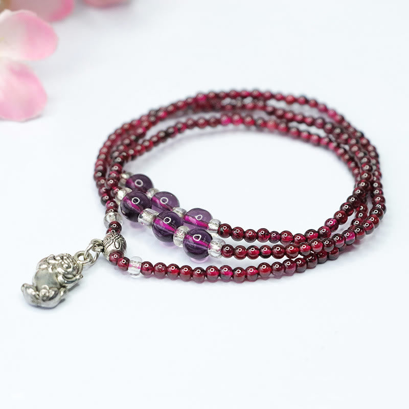 Buddha Stones Natural Garnet Elephant Abacus Lucky Bag Pixiu Protection Triple Wrap Bracelet