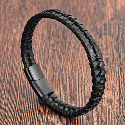 Buddha Stones Simple Braided Pattern Titanium Steel Strengthen Multi-layer Leather Buckle Bracelet