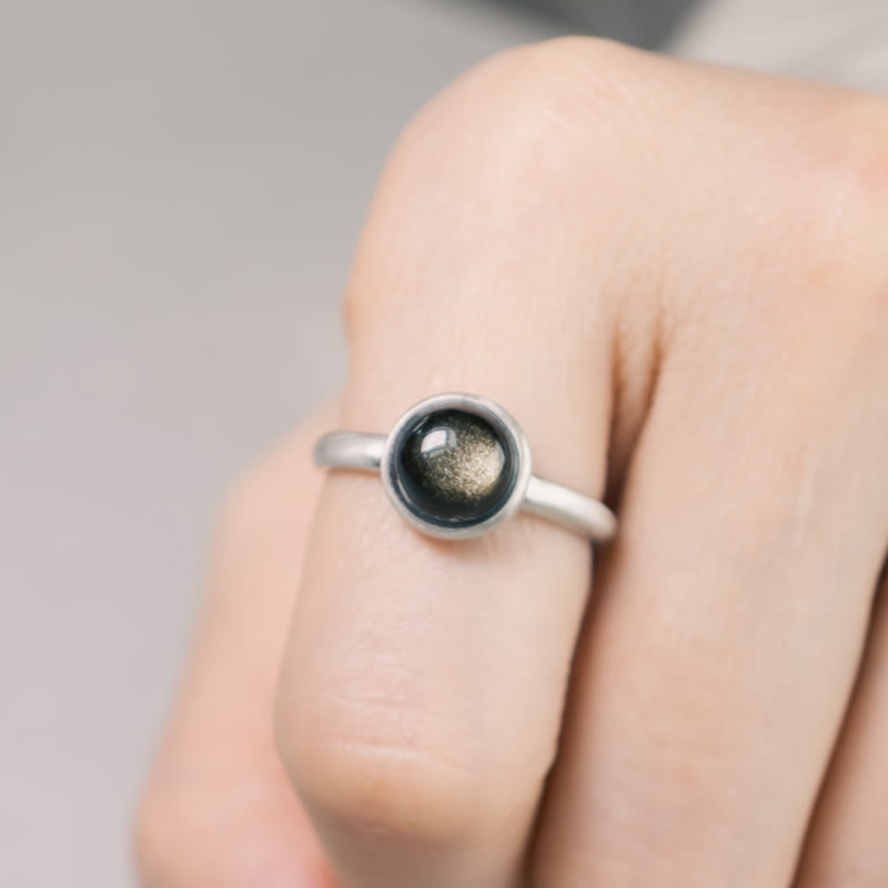 Buddha Stones Natural 925 Sterling Silver Gold Sheen Obsidian Adjustable Wealth Ring