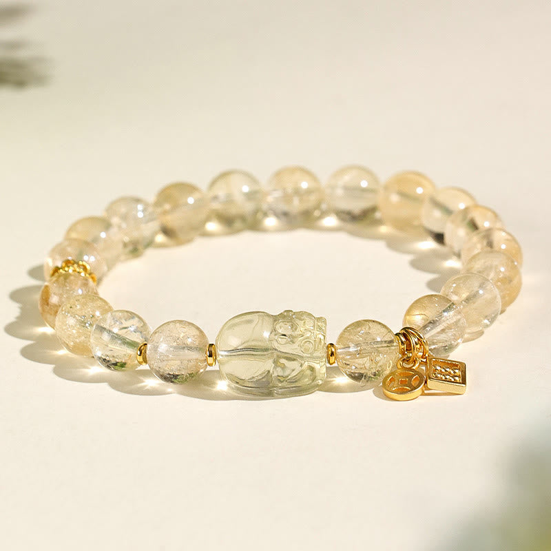 Buddha Stones Natural Citrine Pixiu Copper Coin Protection Bracelet