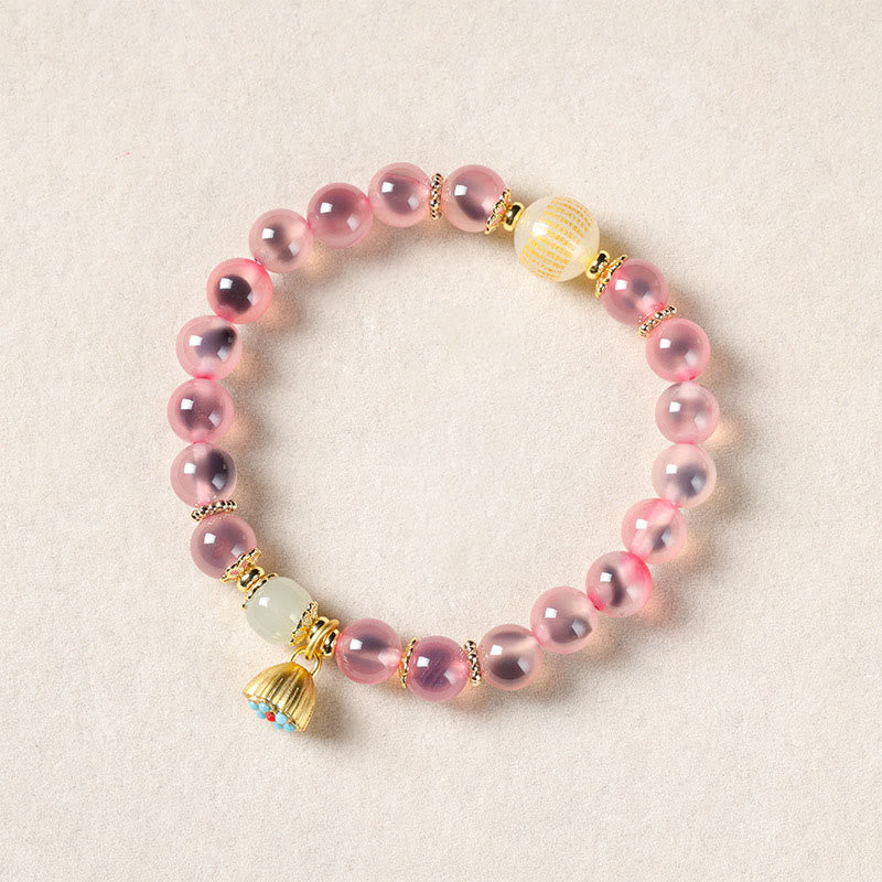 Buddha Stones Natural Colorful Candy Agate Golden Lotus Pod Healing Bracelet