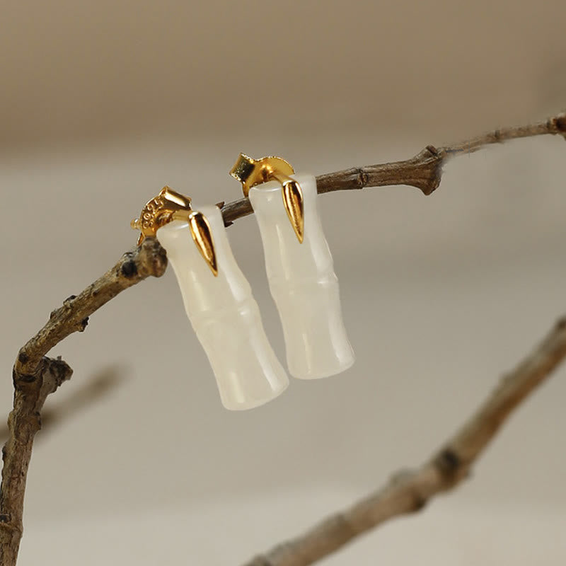 Buddha Stones Bamboo Hetian Jade 925 Sterling Silver Leaf Wealth Earrings