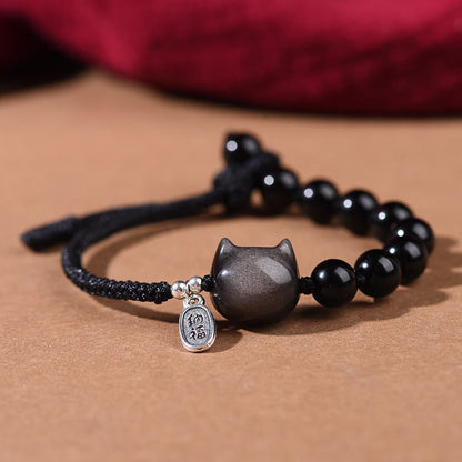 Buddha Stones Black Obsidian Silver Sheen Obsidian Cat Dancing Lion Strength Bracelet