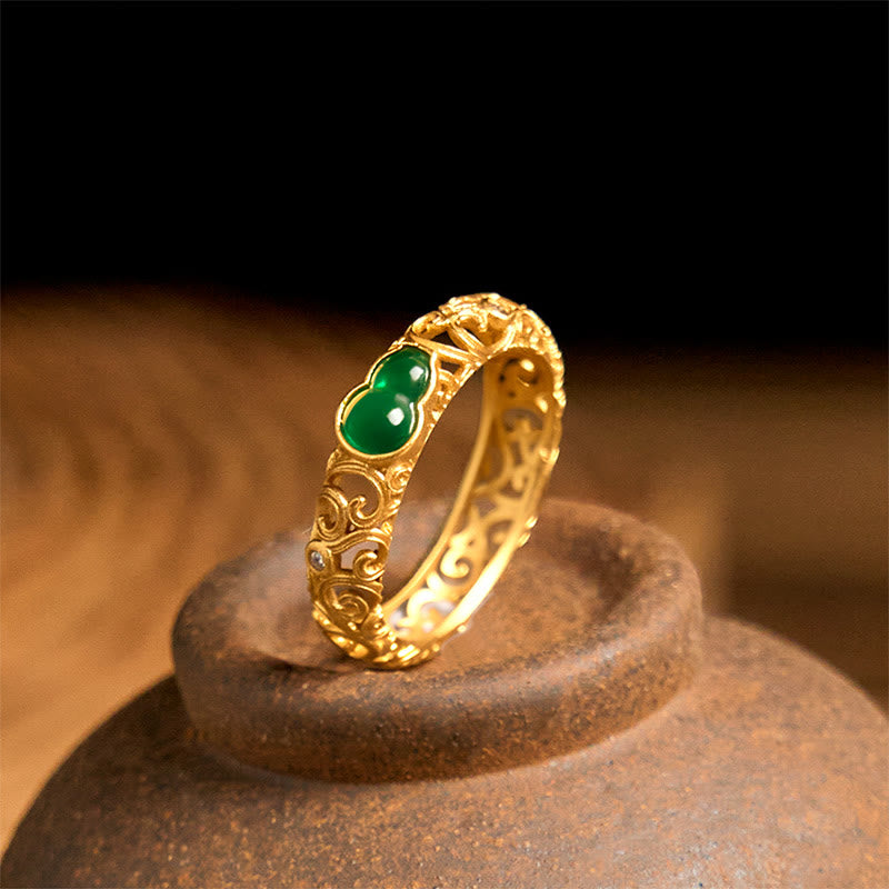 Buddha Stones Gourd Green Chalcedony Copper Alloy Wealth Ring