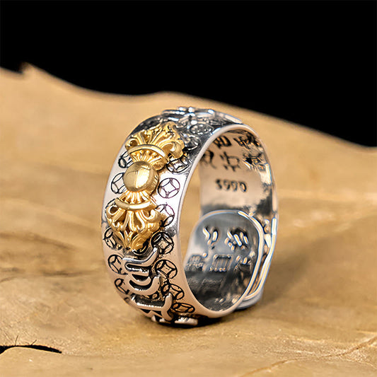 Buddha Stones Om Mani Padme Hum Vajra Copper Plated Silver Balance Ring
