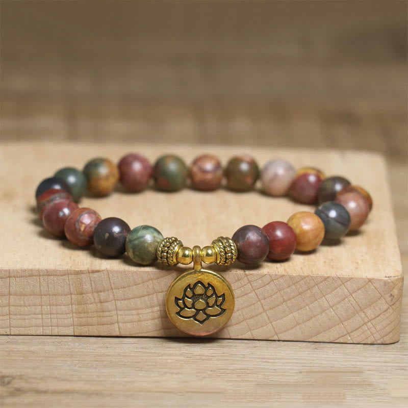 Buddha Stones Natural Colorful Emperor Stone Lotus Pattern Anti-stress Bracelet