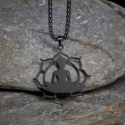 Buddha Stones Lotus Sitting Buddha Design Stainless Steel Enlightenment Necklace Pendant